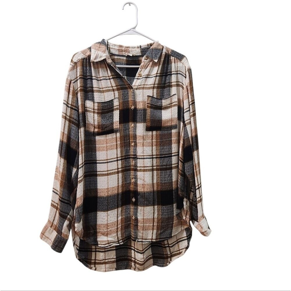 Pilcro Brown Tan Lightweight Plaid Flannel Size S Oversized High Low Hem Cozy